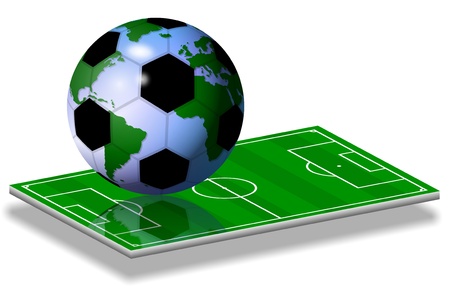 soccer ball and earth globe combined together on a soccer fieldの写真素材