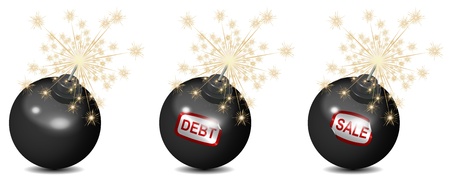 a collection of black round bombs with a burning fuseの写真素材