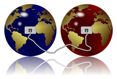 two earth globes connected with an Ethernet cableの写真素材