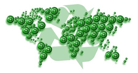 a map of world made of recycle symbols with a big symbol in the backgroundの写真素材