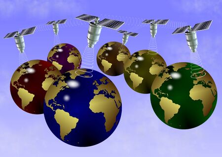 an abstract illustration of earth globes communicating through satellitesの写真素材