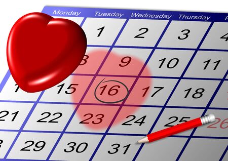 a date marked on a calendar with a big red heart above itの写真素材