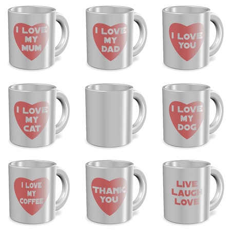collection of white mugs with prints of different messages on themの写真素材