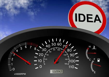a road sign in front of a car spelling a word ideaの写真素材