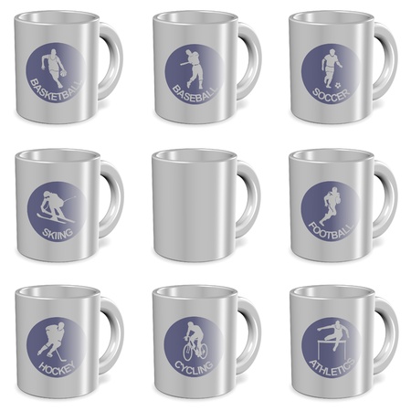 collection of white mugs with prints of different sports on themの写真素材
