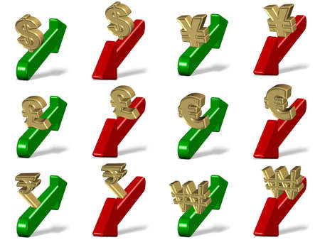 all major currency symbols sitting on a red and green arrowsの写真素材