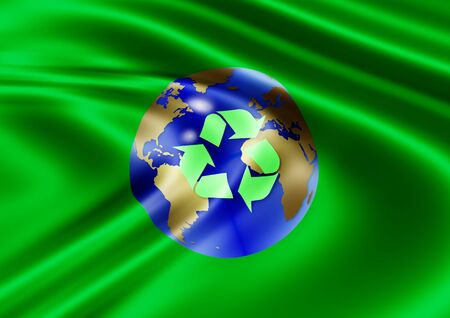 a silky green flag with earth and recycle symbol in the center of itの写真素材