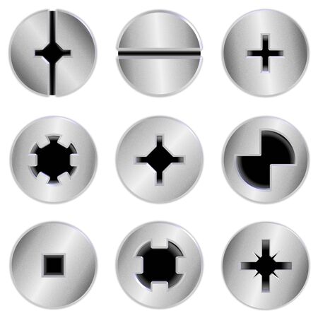 a collection of nine silver chrome screw headsの写真素材