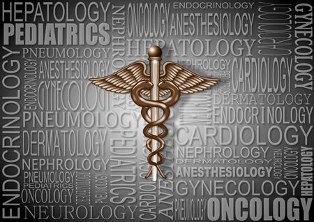a medical symbol and names of many different specialties within medicineの写真素材