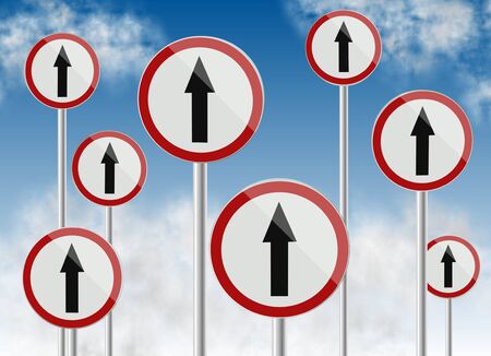 a group of traffic signs all showing direction upの写真素材