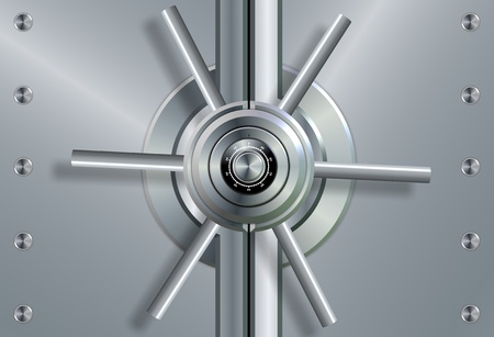 a close up of a shiny steel vault door and combination lockの写真素材