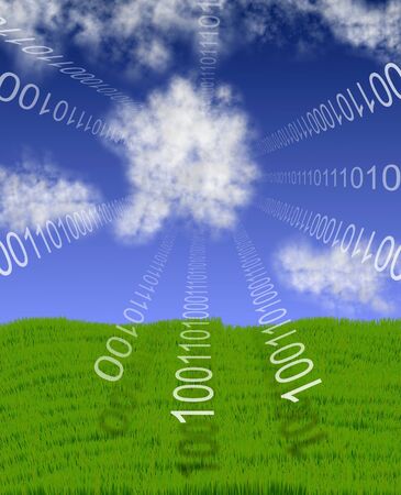 a grass field and a blue sky with a binary code coming from cloudsの写真素材
