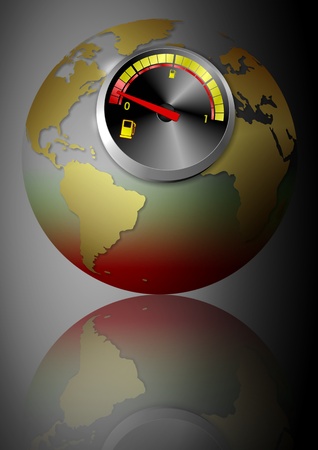 Earth globe with a fuel indicator showing very low levelの写真素材