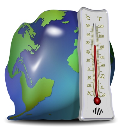 Earth globe and thermometer losing their shapes and meltingの写真素材