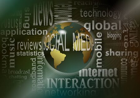 Earth globe with social media words around it and words that define it in the backgroundの写真素材