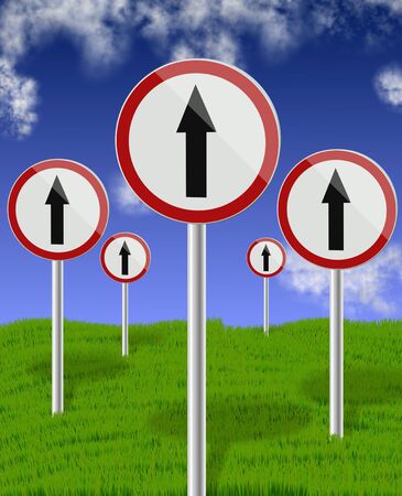 a group of traffic signs all showing direction up with blue sky in the backgroundの写真素材