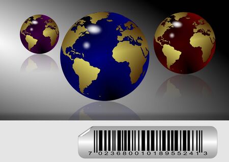three colorful earth globes with a barcode sticker in front of themの写真素材