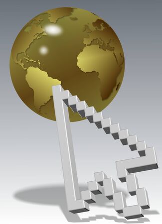 a computer arrow cursor with a golden earth globeの写真素材