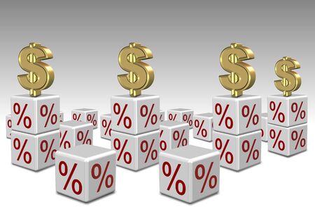 a group of white cubes with percentage symbol in them and dollar symbols on topの写真素材