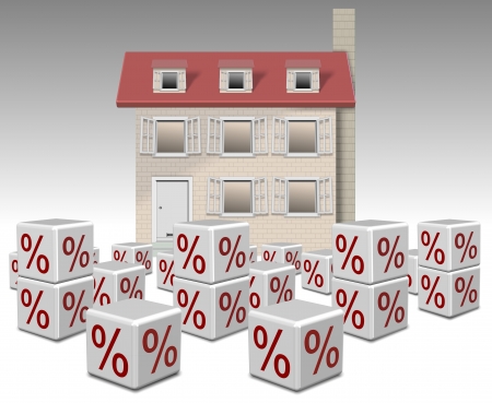 a group of white cubes with percentage symbol on them and a family home in the backgroundの写真素材