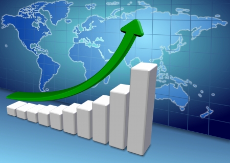 3d up chart and arrow with a map of world in the backgroundの写真素材