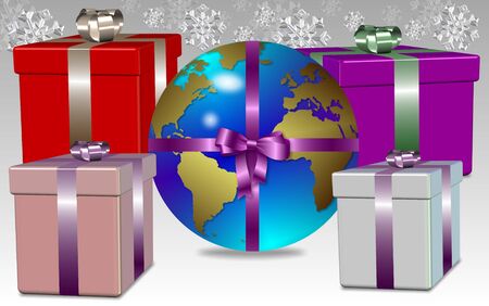earth globe wrapped as a Christmas present with snowflakes in the backgroundの写真素材