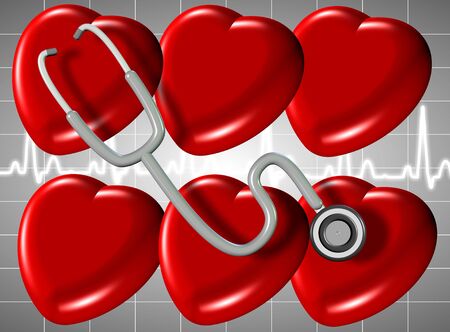 3D illustration of a group of hearts with a stethoscope and ECG in the backgroundの写真素材