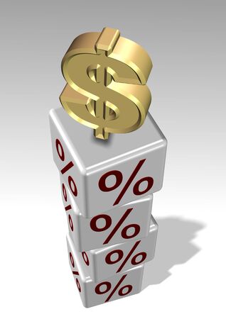 a group of white cubes with percentage symbol and a golden dollar symbol on top of themの写真素材