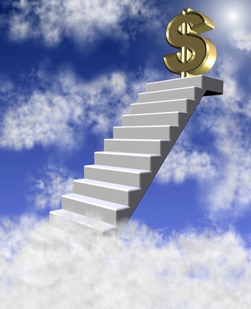 golden dollar symbol on top of a stairway reaching cloudsの写真素材