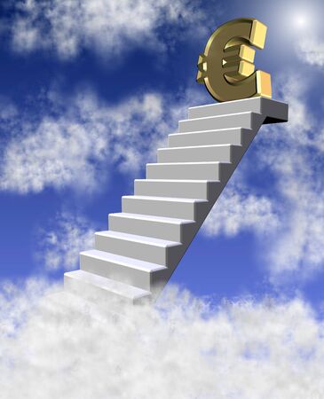 golden euro symbol on a top of a staircase reaching cloudsの写真素材