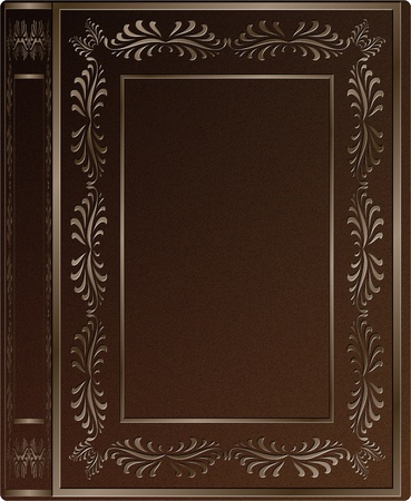 a brown leather hard cover of an old book with engravingsの写真素材