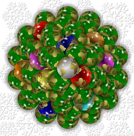 Cone shaped Christmas tree made from colorful earth globesの写真素材