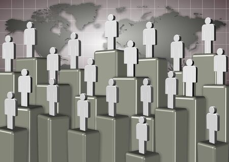 People standing on different levels with world map in the backgroundの写真素材