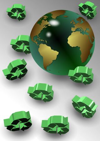 A group of green recycle icons around earth globeの写真素材