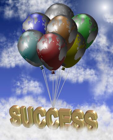 Group of earth globes shaped as balloons lifting golden word successの写真素材