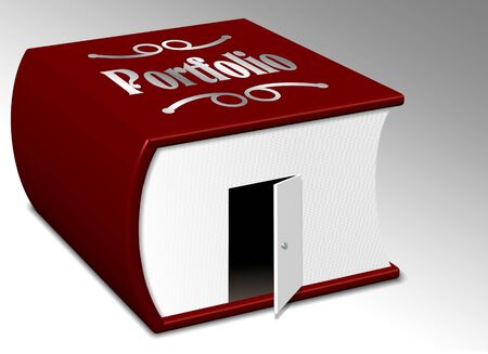 A red book titled portfolio with a door wide openの写真素材