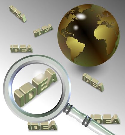 A magnifying glass above a group of words spelling ideaの写真素材