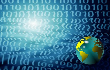 Yellow and blue earth globe with binary code in the backgroundの写真素材