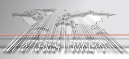 A world map with a barcode and a red laser scanning itの写真素材