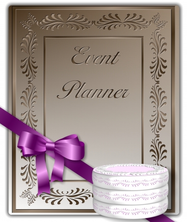 Event planner cover with a pink ribbon and a decorated cakeの写真素材