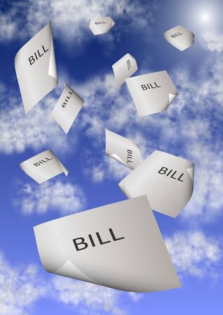 A group of paper bills falling from the skyの写真素材