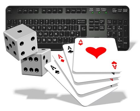 A computer keyboard with dices and playing cards in front of itの写真素材
