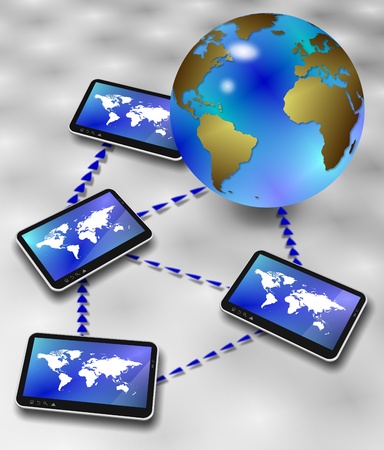 Earth globe surrounded by computer tablets forming a networkの写真素材