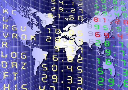 A stock exchange board with a graph and world mapの写真素材