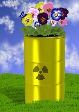Radioactive waste barrel and flowers growing on top of itの写真素材