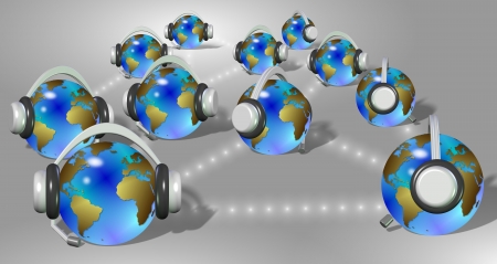 A group of earth globes with headphones communicating with each otherの写真素材