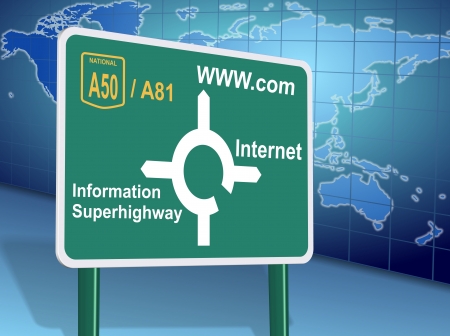 Traffic sign showing different internet related directions with world map in the backgroundの写真素材
