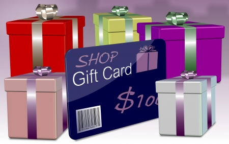 A blue shop gift card surrounded by many colorful boxesの写真素材