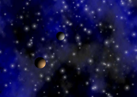 An illustration of space showing two planets and many stars in the backgroundの写真素材