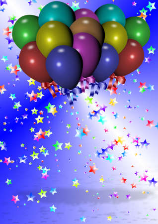 A group of shiny colorful balloons in the air with star shaped confetti everywhereの写真素材